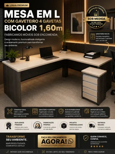 Mesa em L com Gaveteiro 4 Gavetas Bicolor 1,60m - Fabricamos móveis sob encomenda