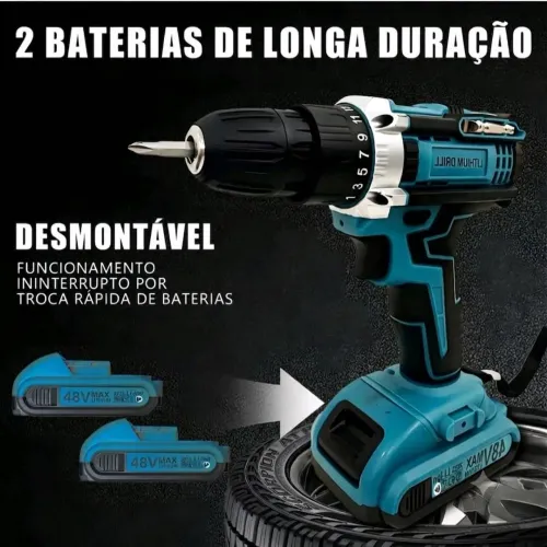 Furadeira Parafusadeira a Bateria 48V Tensao Máxima, Motor Escovado 2 Velocidades, 35 N/M