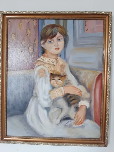 Pintura a oleo sobre tela "A menina e seu gato" replica de Renoir