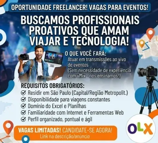 Vaga Freelancer: Operador de Live (Sem Experiência) - Viagens e Eventos