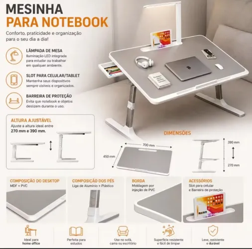 MESA PARA NOTEBOOK OBERON OR-SP259 | 70CM COM LÂMPADA
