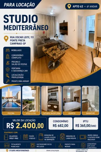 STUDIO MEDITERRÂNEO - MOBILIADO - PONTE PRETA - CAMPINAS/SP