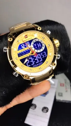 Relógio Masculino Original Naviforce 9163 Dourado Aprova d?água,Todo em aço inoxidável