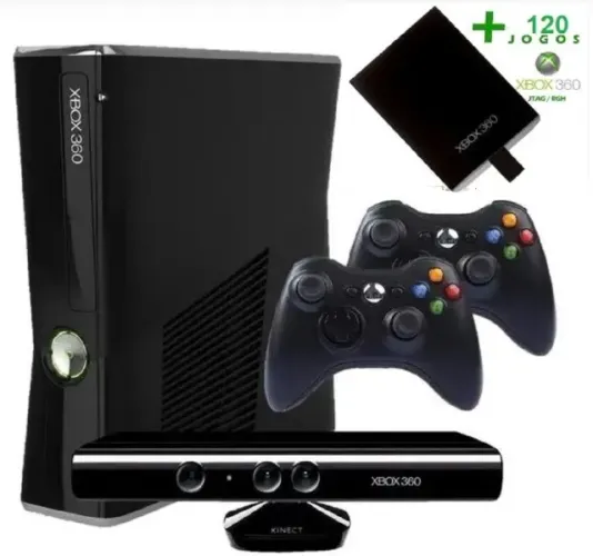 Xbox Slim 500GB preto usado + 02 Controles com fio + 01 Kinect + 120 Jogos de Brinde