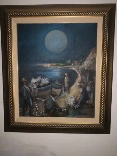Quadro de pescadores sob a lua cheia, oleo sobre a tela