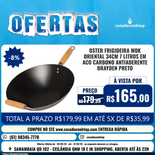 OSTER FRIGIDEIRA WOK ORIENTAL 34CM 7 LITROS EM ACO CARBONO ANTIADERENTE BRAYDEN - PRETO