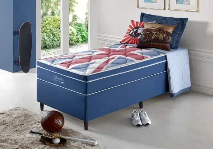 Box Azul + Colchão Solteiro London Molas Superlastic 88x188x68 - Anjos