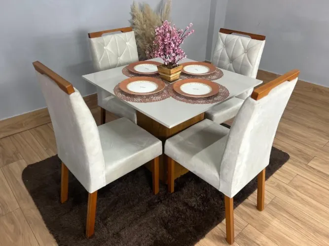 Mesa de Jantar tampo vidro 90×90 com 4 cadeiras em veludo- Entrega Rápida 