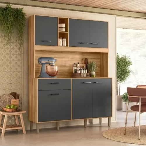 Armario De Cozinha Erva Doce 140 Cm 6 Portas E 1 Gaveta Freijó/Chumbo - Em Oferta