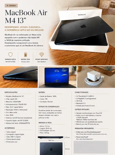 Apple Macbookair 13 M4 16gb Ram 256gb Ssd Meia-noite