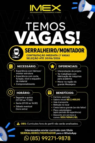 Vaga para Serralheiro/ Montador ( Seleção até 15/07)