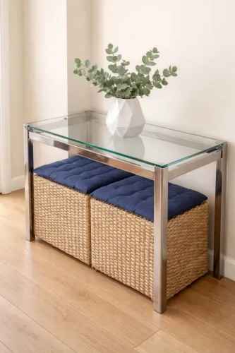 Oportunidade! Mesa de vidro com 2 puffs de acabamento premium