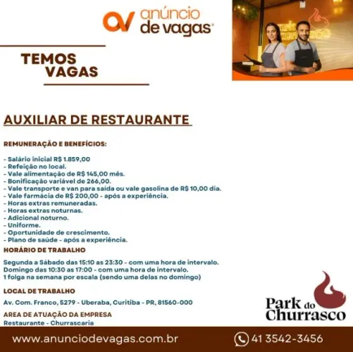 Auxiliar de limpeza - Park do Churrasco - Uberaba/Curitiba 