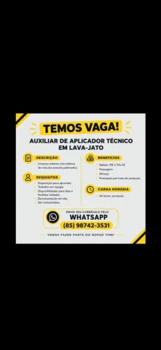 Vagas para Auxiliar Técnico para LAVA-JATO
