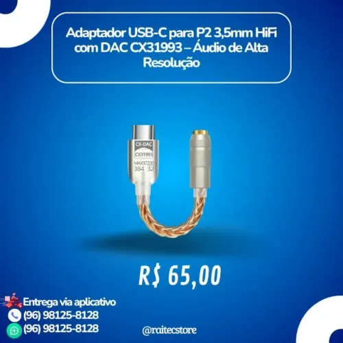 Adaptador USB-C para P2 3,5mm HiFi com DAC CX31993 - Áudio de Alta Resolução