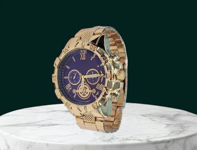 Relogio masculino de aço inoxidável dourado com fundo azul e corrente BCRM03