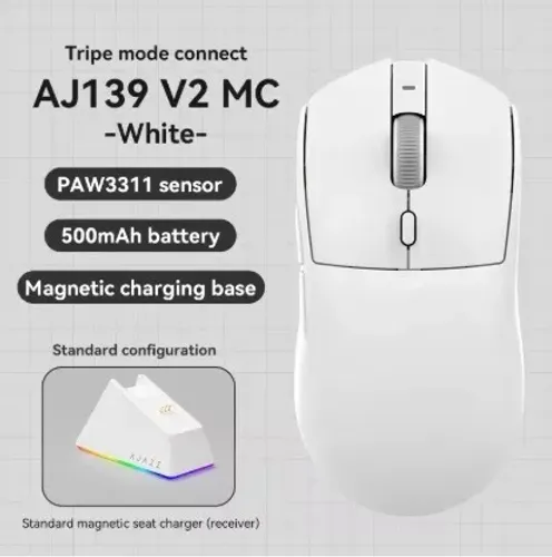 Mouse Gamer Sem Fio Tri MODE AJAZZ AJ139V2 Branco/Preto c/Dock Magnetica. Entrega Gratis