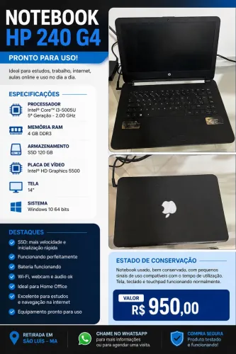 Notebook HP 240 G4 Core i3 SSD 120GB Windows 10 - Excelente Estado
