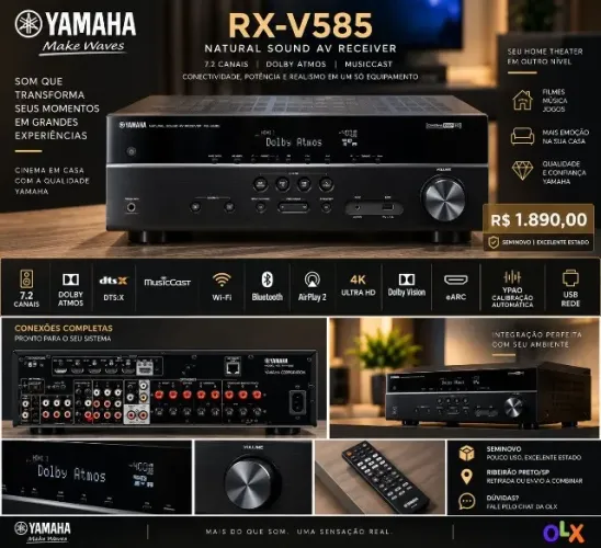 Yamaha RX-V585 Receiver AV 7.2 - Dolby Atmos, MusicCast, Wi-Fi 