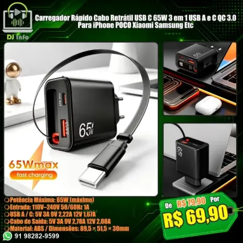 Carregador Rápido Cabo Retrátil USB C 65W 3 em 1 USB A e C QC 3.0