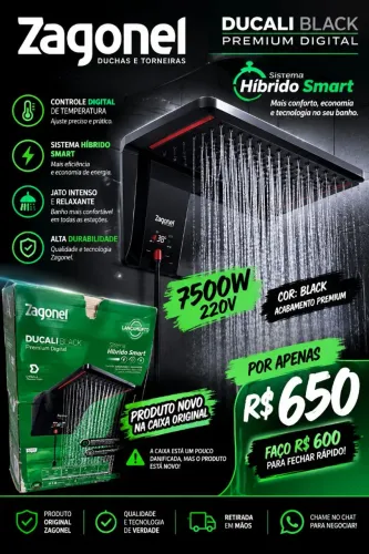 ? CHUVEIRO ZAGONEL DUCALI BLACK PREMIUM DIGITAL - HÍBRIDO SMART