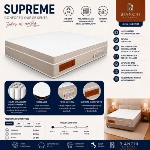 Colchão Queen Molas Ensacadas Supreme Bianchi 158x198x25 cm | Suporta até 240kg
