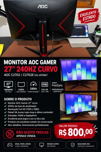 Monitor AOC Gamer 27? Curvo 240Hz - Excelente Estado