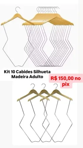 Kit 10 cabides Silhueta Adulto Madeira e cromodo