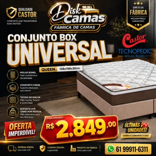 Conjunto Box Universal Queen 158x198x30cm Cama Box + Colchão Direto da Fábrica