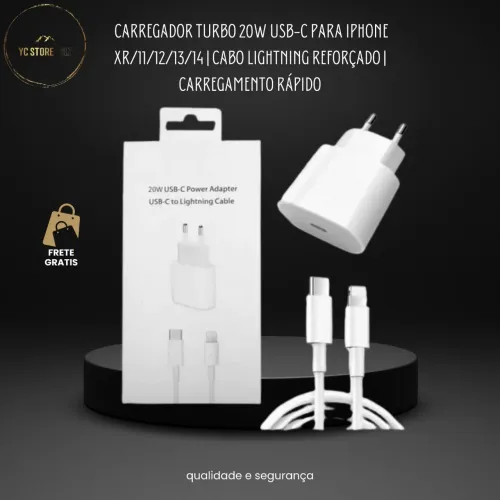 Carregador Turbo 20W USB-C para iPhone XR/11/12/13/14 | Cabo Lightning Reforçado