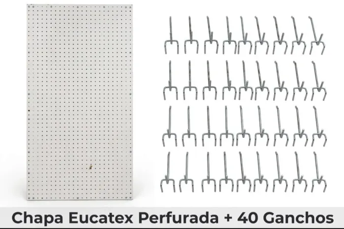 Chapa perfurada Eucatex 120x60 com 40 ganchos de 3 tamanhos