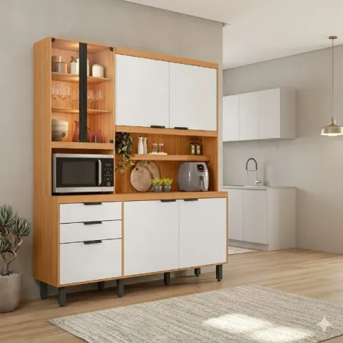 Armário de cozinha viva luz com porta de vidro e led