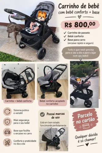 Carrinho de bebê com bebê conforto e base