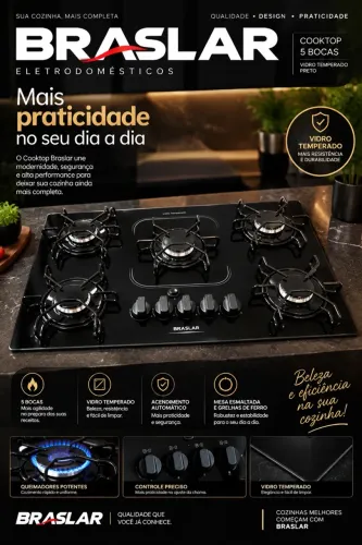 Cooktop Braslar 5 Bocas Vidro Temperado Preto