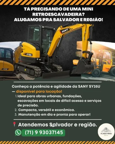 Mini Retroescavadeira SANY SY35U para Locação ? Salvador e Região