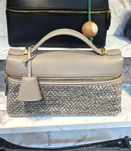Bolsa couro legítimo cinza e lã cinza italiana da loro piana