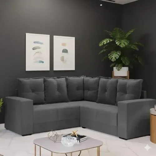 Sofa de canto cinza tecido veludo animale