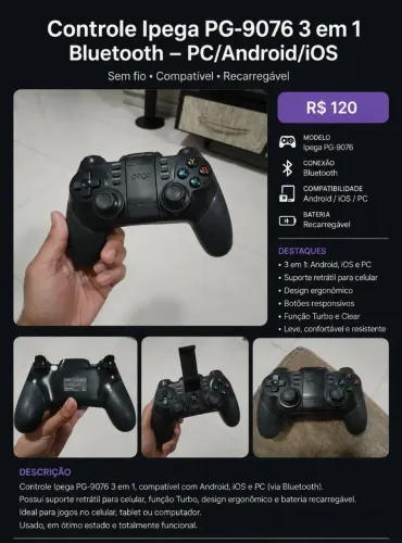 Controle ipega bluetooth, wireless 2.4 e cabo 