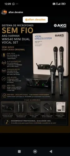 Sistema sem fio 2 microfones AKG Harman WMS40 mini dual