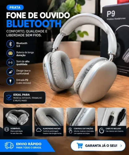 ? Fone de Ouvido Bluetooth P9 AIR Sem Fio Wireless Headphone - Prata