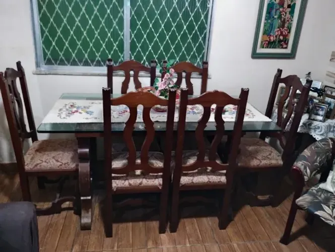 Mesa de Madeira Colonial Nobre Maciça Com Pés Torneados e 6 Cadeiras Relíquia Antiguidade 