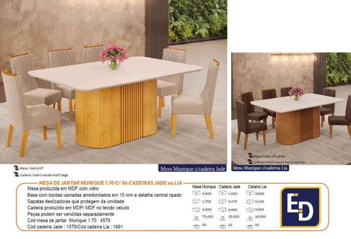 Mesa de Jantar Munique 1.70 c/ 6 Cadeiras Jade ou Lia
