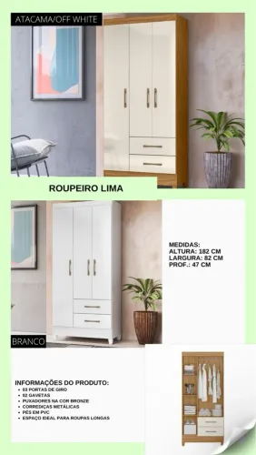 Guarda-Roupa Lima Branco 3 Portas 2 Gavetas 1,82x82