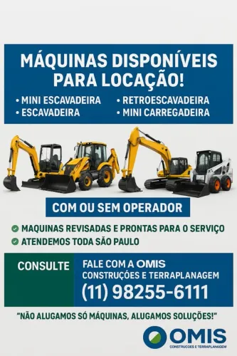 Terraplanagem, demolição e locações de máquinas, Mini escavadeira, bobcat e escavadeira
