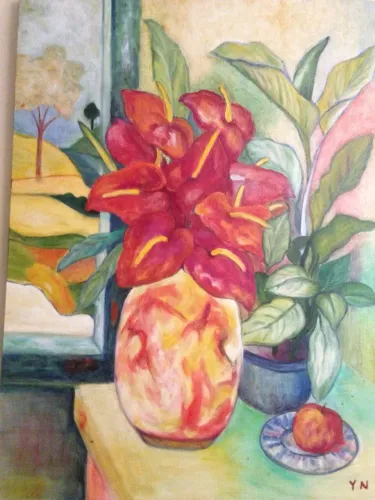Quadro tinta a óleo- vaso com plantas 
