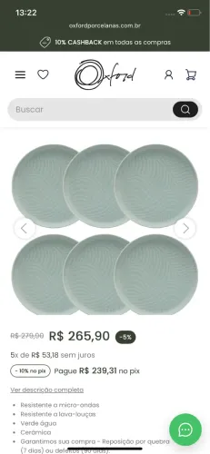 Conjunto 6 pratos rasos 26cm Oxford na caixa.