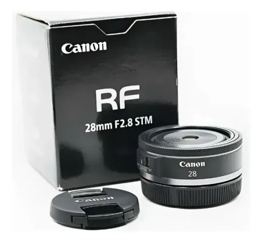 Canon RF 28 2.8 STM. Na caixa