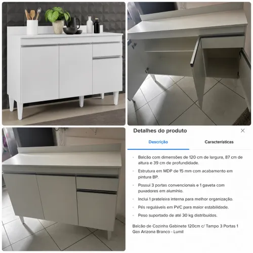 Balcão Cozinha Arizona Com Tampo 3 Portas 1 Gaveta Branco Lumil Móveis