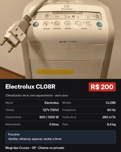 Climatizador Electrolux CL08R Quente e Frio - Semi novo