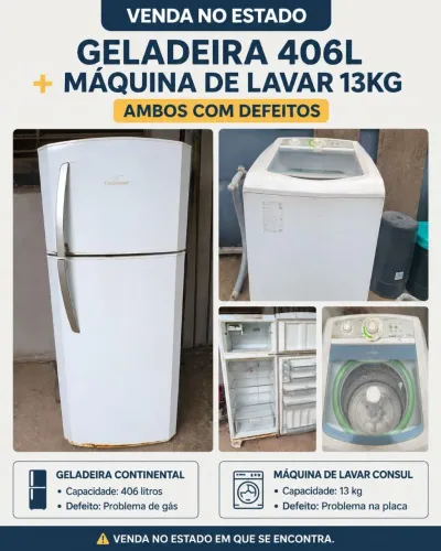 Geladeira Continental 406L - Com Defeito Máquina de Lavar Consul 13kg - Com Defeito